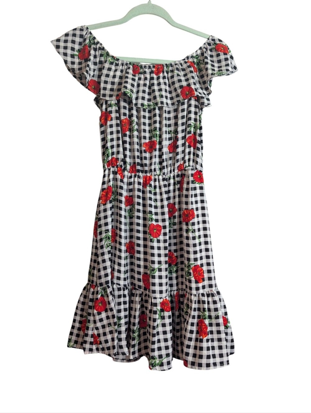 Everly Gingham Poppy Floral Off Shoulder Ruffle Dress Fit & Flare Made in USA S - Picture 6 of 9